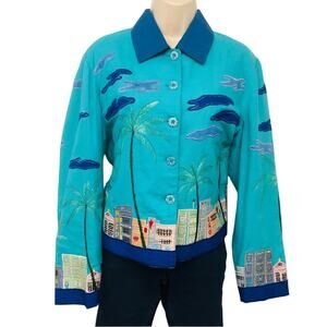 Vintage Patchington Turquoise Blue Cityscape Embroidered  Button Front Jacket